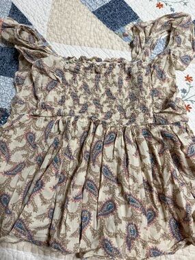 Elan Cream Paisley Smocked Ruffle Sleeve Blouse